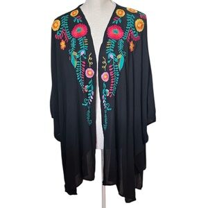 UMGEE USA Embroidered Colorful Floral Black Kimono Layering Plus Size XL/1XL